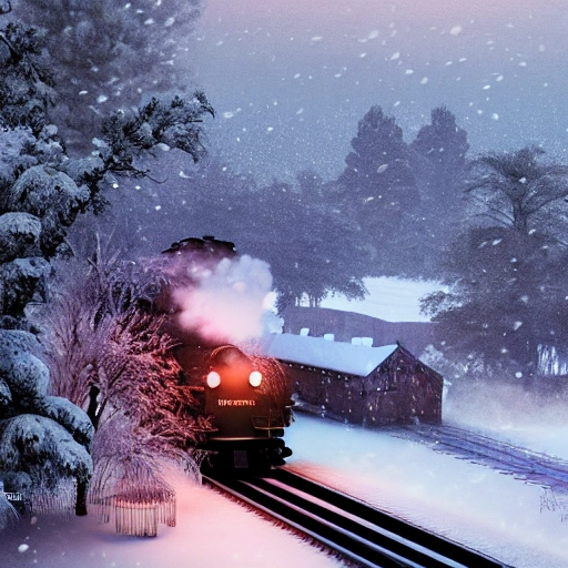 steam train driving through the snow, the polar express, scenic landscape, stunning environment, dusk, ultra detailed, octane render, ultra detail, intricate detail, volumetric lighting, vivid colours, photorealistic, photography, lifelike, high resolution, digital art, ultra wide angle lens, aerial view, elevated view, wallpaper --ar 3:2 --v 4