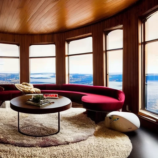 This cozy living room on a space ship features a large, oval-shaped window that offers a stunning view of the earth below. The furniture is warm and inviting, with a plush sofa and armchair upholstered in a rich, burgundy fabric. A wooden coffee table sits at the center of the room, and a few potted plants add a touch of greenery. A cozy fireplace, complete with a faux stone mantel and a flickering LED flame, adds a touch of warmth and comfort. A few framed photos of the earth and the stars hang on the walls, adding a personal touch