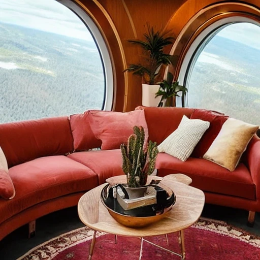 This cozy living room on a space ship features a large, oval-shaped window that offers a stunning view of the earth below. The furniture is warm and inviting, with a plush sofa and armchair upholstered in a rich, burgundy fabric. A wooden coffee table sits at the center of the room, and a few potted plants add a touch of greenery. A cozy fireplace, complete with a faux stone mantel and a flickering LED flame, adds a touch of warmth and comfort. A few framed photos of the earth and the stars hang on the walls, adding a personal touch