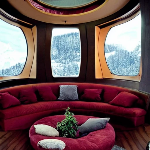 This cozy living room on a space ship features a large, oval-shaped window that offers a stunning view of the earth below. The furniture is warm and inviting, with a plush sofa and armchair upholstered in a rich, burgundy fabric. A wooden coffee table sits at the center of the room, and a few potted plants add a touch of greenery. A cozy fireplace, complete with a faux stone mantel and a flickering LED flame, adds a touch of warmth and comfort. A few framed photos of the earth and the stars hang on the walls, adding a personal touch