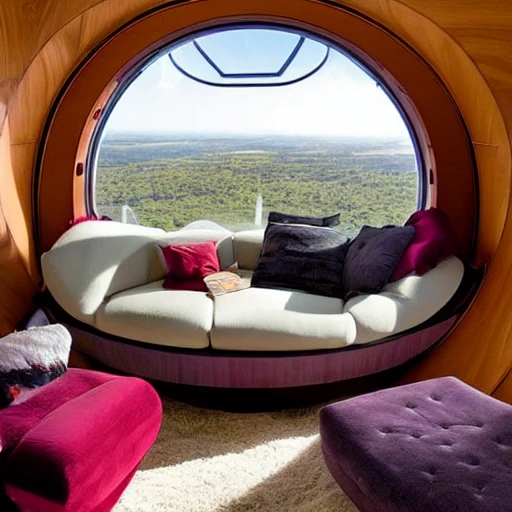 This cozy living room on a space ship features a large, oval-shaped window that offers a stunning view of the earth below. The furniture is warm and inviting, with a plush sofa and armchair upholstered in a rich, burgundy fabric. A wooden coffee table sits at the center of the room, and a few potted plants add a touch of greenery. A cozy fireplace, complete with a faux stone mantel and a flickering LED flame, adds a touch of warmth and comfort. A few framed photos of the earth and the stars hang on the walls, adding a personal touch