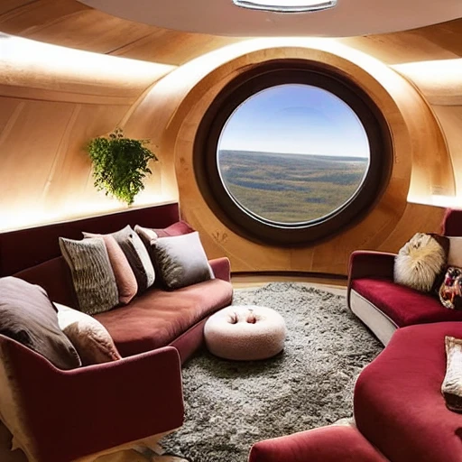 This cozy living room on a space ship features a large, oval-shaped window that offers a stunning view of the mars below. The furniture is warm and inviting, with a plush sofa and armchair upholstered in a rich, burgundy fabric. A wooden coffee table sits at the center of the room, and a few potted plants add a touch of greenery. A cozy fireplace, complete with a faux stone mantel and a flickering LED flame, adds a touch of warmth and comfort. A few framed photos of the earth and the stars hang on the walls, adding a personal touch