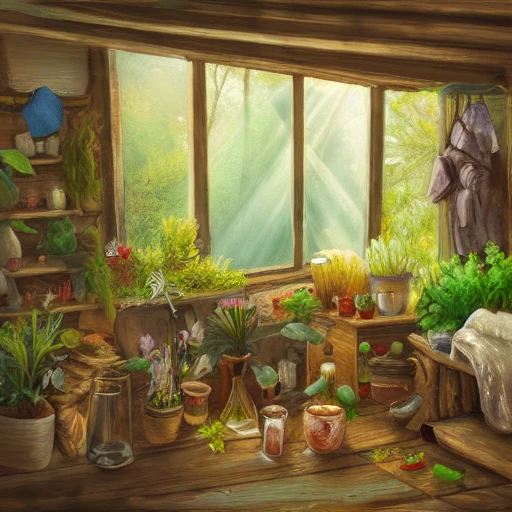 rustic oil painting, interior view of a cluttered herbalist cottage, waxy candles, wood furnishings, herbs hanging, light bloom, dust, ambient occlusion, rays of light coming through windows, oil painting