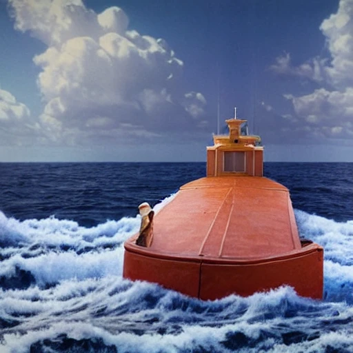 hyperrealistic movie scene of a small boat in the middle of the horizon of the the Atlantic in in 1917, forced perspective,  movie shot on IMAX by Wes Anderson and Christopher Nolan , dynamic lighting, complementary colors, symmetric framing, cinematic grading, hyper postproduction, 8K, dreamlikeart, Water Color