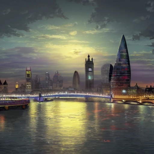 London tense river city view at sunset, with glowing lights, realistic, detailed, cel shaded, in the style of makoto shinkai and greg rutkowski and albert bierstadt and james gurney 