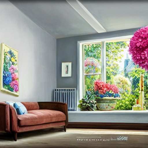 painting of a bouquet of flowers in vase, interior design in background, dreamy sunken living room conversation pit, small windows opening onto the garden, high ceiling, wide shot, bright soft diffused light, depth of field, digital painting, artstation, concept art, intricate, highly detailed, masterpiece, trending on Artstation, art by artgerm and greg rutkowski and alphonse mucha, hdr 4k, 8k