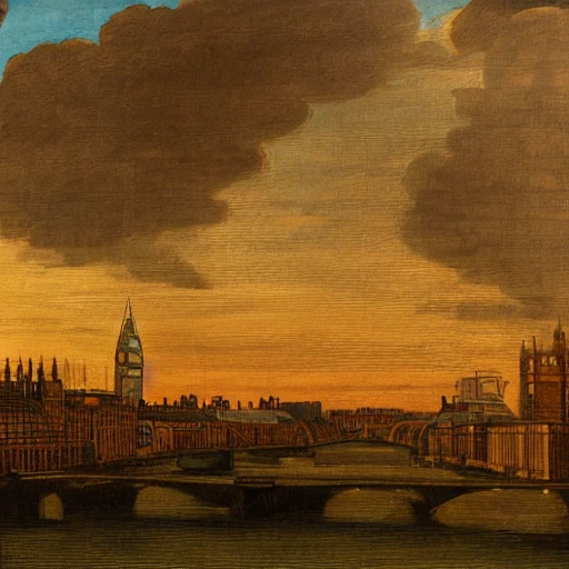 London tense river city view at sunset, realistic, detailed, cel shaded, in the style of Leonardo Da Vinci