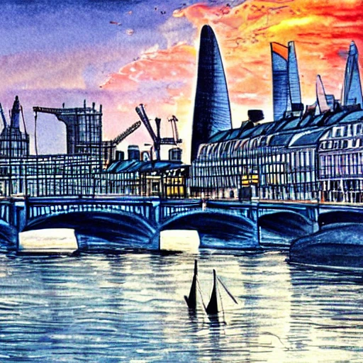 London tense river city view at sunset, realistic, detailed, cel shaded, in the style of Da Vinci