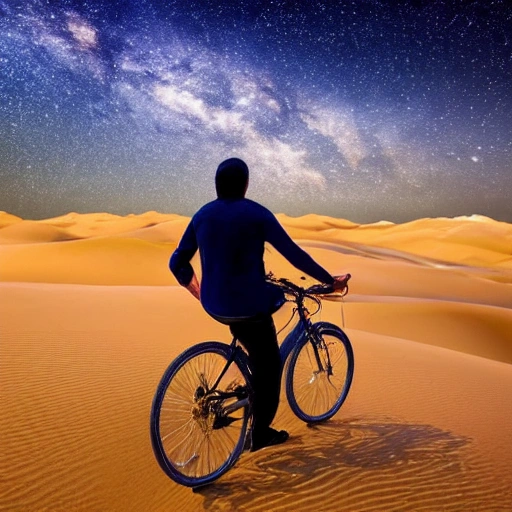 Arab riding a bicycle in the deserts night sky stars sandy hills moonlit 