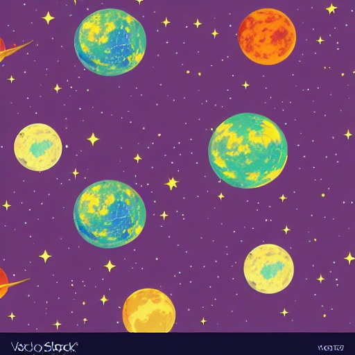 vector moon landscape, beautiful valley with strong colors, in background planets and stars