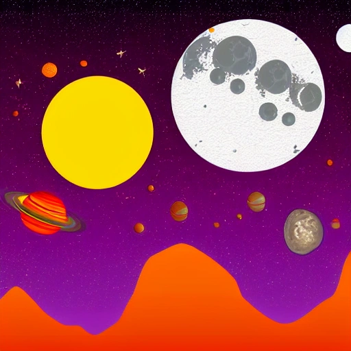 vector moon landscape, beautiful valley with strong colors, in background planets and stars