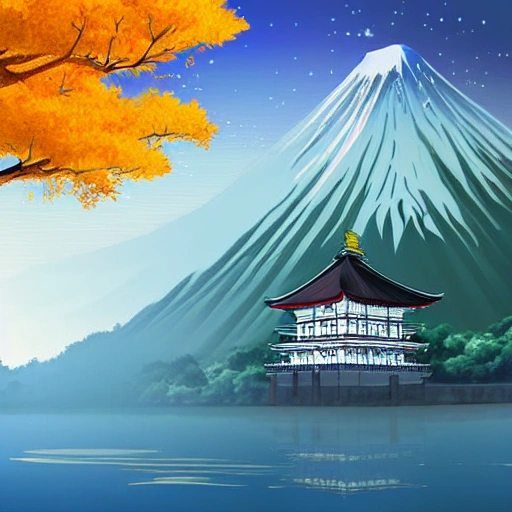 a manga style of mount fuji and a old japanese tower, digital art, autum, illustration, tree on the left side of the picture, waterfall, reflections, hyperrealis