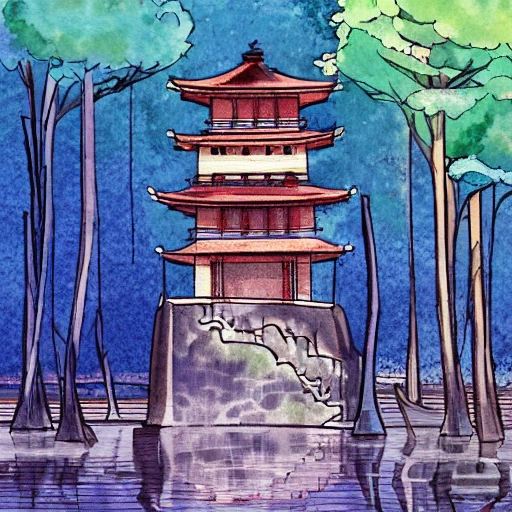 details water color style of a old japanese tower behind a river  surrounded by trees, digital art, autum, illustration, tree on the left side of the picture, waterfall, reflections, hyperrealis