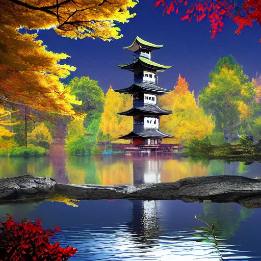 style of a old japanese tower behind a river  surrounded by trees, digital art, autum, illustration, tree on the left side of the picture, waterfall, reflections, hyperrealis