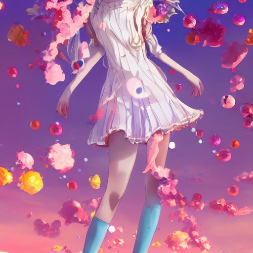 A full-body shot of an anime girl, standing tall and proud, with a confident and determined expression. The anime girl is surrounded by a vibrant, pastel-colored landscape, with flowers and bubbles floating around her. Deep focus, fantasy, intricate, highly detailed, digital painting, artstation, matte, sharp focus, illustration, art by Magali Villeneuve and RK Post.
, Cartoon