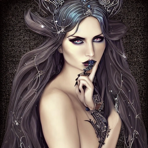 a portrait, fantasy, a very gorgeous, beautiful, and sexy witch, mysterious and powerful, long hair flowed, cascading down her slender frame, piercing deep blue eyes, dressed in chic strapless dress, intricate silver embroidery and sparkling jewels, a sense of undeniable beauty and grace, a creature of the night, magical energies, sharp focus, muted colors, extremely detailed, professional studio lighting, octane render, 3d, trending on artstation