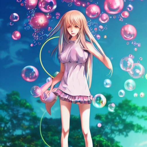 A full-body shot of an anime girl, standing tall and proud, with a confident and determined expression. The anime girl is surrounded by a vibrant, pastel-colored landscape, with flowers and bubbles floating around her. Deep focus, fantasy, intricate, highly detailed, digital painting, artstation, matte, sharp focus, illustration, art by Magali Villeneuve and RK Post.
, Cartoon, 3D