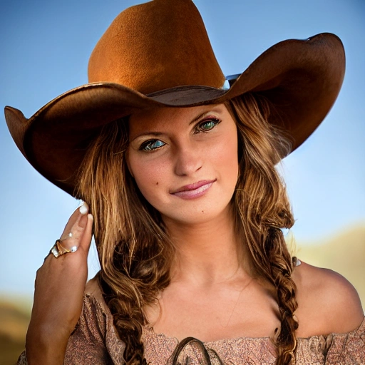 professional portrait photograph of gorgeous rancher girl, (((sultry flirty look))), nude, seductive, alluring, beautiful symmetrical face, cute natural makeup, (wearing brown cowboy hat), (wearing traditional clothing), confident pose, elegant, feminine, ((Utah landscape in background)), wild west, ultra realistic, character concept art, highly detailed, intricate, (sharp focus), 85mm, medium shot, mid shot, (centered image composition), ((professionally color graded)), ((bright soft diffused light)), volumetric fog, trending on instagram, trending on tumblr, hdr 4k, 8k