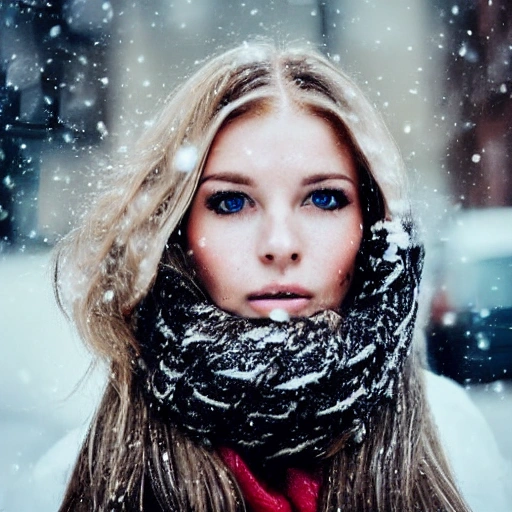 professional portrait photograph of a gorgeous! Norwegian girl in winter clothing with long wavy blonde hair, ((sultry flirty look)), freckles, beautiful symmetrical face, -artificial, -fake, -ugly, cute natural makeup, ((standing outside in snowy city street)), stunning modern urban upscale environment, ultra realistic, concept art, elegant, highly detailed, intricate, sharp focus, depth of field, f/1.8, 85mm, medium shot, mid shot, (centered image composition), (professionally color graded), ((bright soft diffused light)), volumetric fog, trending on instagram, trending on tumblr, hdr 4k, 8k, indistinguishable from a photo taken with a dslr, 1girl, 1photo