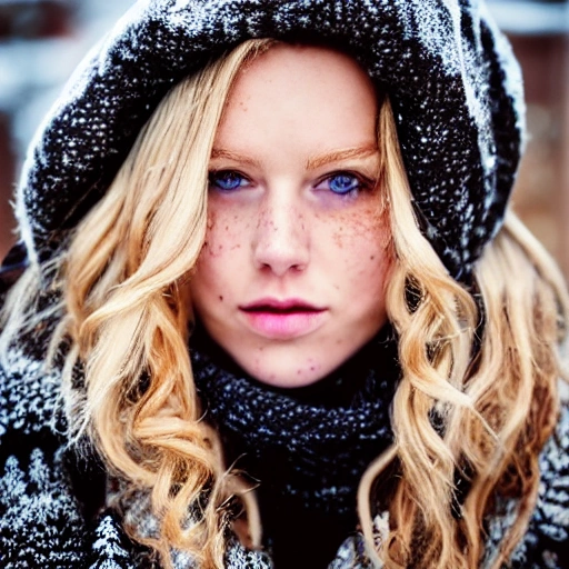 professional portrait photograph of a gorgeous! Norwegian girl in winter clothing with long wavy blonde hair, ((sultry flirty look)), freckles, beautiful symmetrical face, -artificial, -fake, -ugly, cute natural makeup, ((standing outside in snowy city street)), stunning modern urban upscale environment, ultra realistic, concept art, elegant, highly detailed, intricate, sharp focus, depth of field, f/1.8, 85mm, medium shot, mid shot, (centered image composition), (professionally color graded), ((bright soft diffused light)), volumetric fog, trending on instagram, trending on tumblr, hdr 4k, 8k, indistinguishable from a photo taken with a dslr, 1girl, 1photo, -deformed face, #nofilter