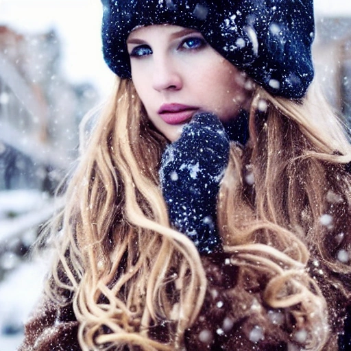 professional portrait photograph of a gorgeous! Norwegian girl in winter clothing with long wavy blonde hair, ((sultry flirty look)), freckles, beautiful symmetrical face, -artificial, -fake, -ugly, cute natural makeup, ((standing outside in snowy city street)), stunning modern urban upscale environment, ultra realistic, concept art, elegant, highly detailed, intricate, sharp focus, depth of field, f/1.8, 85mm, medium shot, mid shot, (centered image composition), (professionally color graded), ((bright soft diffused light)), volumetric fog, trending on instagram, trending on tumblr, hdr 4k, 8k, indistinguishable from a photo taken with a dslr, 1girl, 1photo, -deformed face, #nofilter