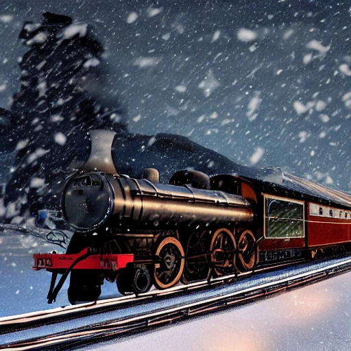 steam train driving through the snow, the polar express, scenic landscape, stunning environment, dusk, ultra detailed, octane render, ultra detail, intricate detail, volumetric lighting, vivid colours, photorealistic, photography, lifelike, high resolution, digital art, ultra wide angle lens, aerial view, elevated view, wallpaper --ar 3:2 --v 4