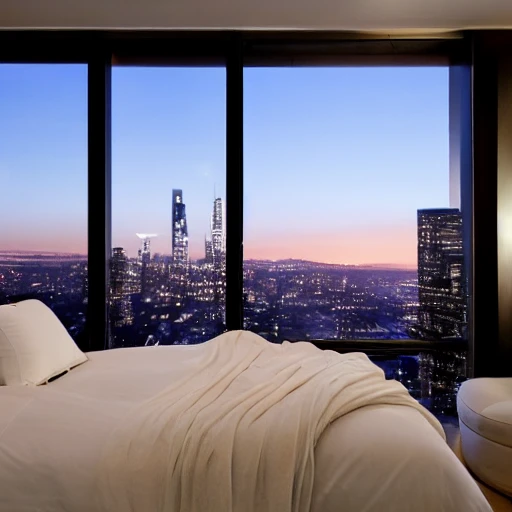 "A sleek, modern bedroom with floor-to-ceiling windows overlooking a city skyline at sunset. A beautiful, voluptuous woman lies on the bed, her head resting on her hand as she gazes out at the view. She is wearing a slinky red dress that hugs her curves, and her long, dark hair is tousled and seductive. As she slowly runs her fingers through her hair, she casts a smoldering look at the viewer, inviting them to join her in the luxurious surroundings."