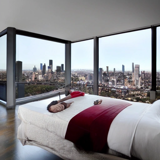 "A sleek, modern bedroom with floor-to-ceiling windows overlooking a city skyline at sunset. A beautiful, voluptuous woman lies on the bed, her head resting on her hand as she gazes out at the view. She is wearing a slinky red dress that hugs her curves, and her long, dark hair is tousled and seductive. As she slowly runs her fingers through her hair, she casts a smoldering look at the viewer, inviting them to join her in the luxurious surroundings."