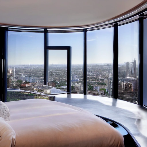 "A sleek, modern bedroom with floor-to-ceiling windows overlooking a city skyline at sunset. A beautiful, voluptuous woman lies on the bed, her head resting on her hand as she gazes out at the view. She is wearing a slinky red dress that hugs her curves, and her long, dark hair is tousled and seductive. As she slowly runs her fingers through her hair, she casts a smoldering look at the viewer, inviting them to join her in the luxurious surroundings.", Pencil Sketch