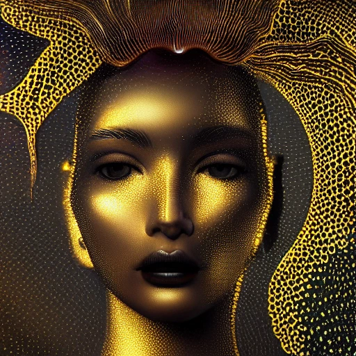 fully black background. background hex 000000. goddess princess face close-up portrait 
. sculpture made of gold and black charcoal and dichroic glass. jellyfish phoenix head, nautilus, orchid, skull, betta fish, bioluminiscent creatures, intricate artwork by Tooth Wu and wlop and beeple. octane render, trending on artstation, greg rutkowski very coherent symmetrical artwork. cinematic, hyper realism, high detail, octane render, 8k