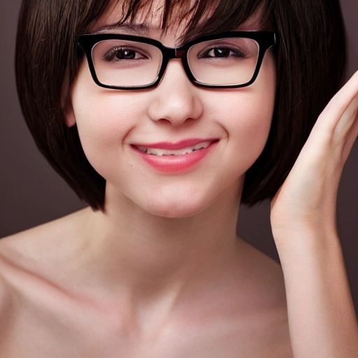 A petite, slender girl with glossy, short hair, adorned with a pair of eyeglasses that frame her delicate facial features. She has a gentle, refined beauty, with a rosy complexion and a warm, friendly expression. Despite her youth, she exudes a sense of poise and intelligence, making her a truly captivating and alluring individual.