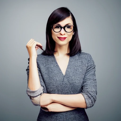 A poised, graceful woman with a head of cropped, stylish hair, accented with a pair of eyeglasses that enhance her refined features. She exudes a sense of confidence and intelligence, with a slender, athletic build and a radiant, attractive appearance. Despite the simplicity of her attire, she commands attention with her natural beauty and air of sophistication.