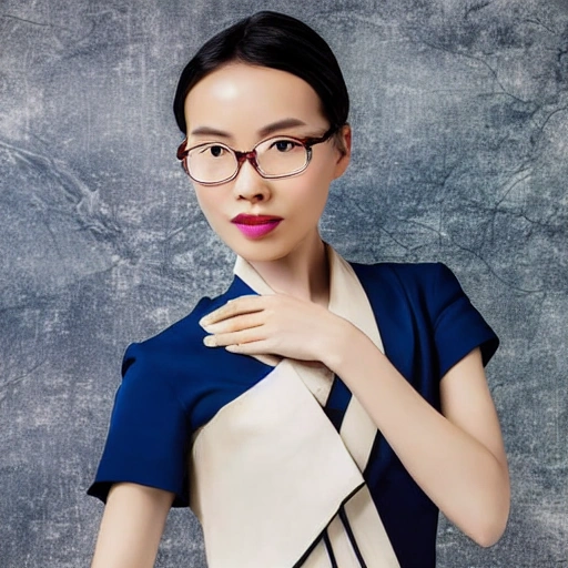 A stunning, Chinese woman with a head of sleek, short hair, adorned with a pair of eyeglasses that highlight her delicate facial features. She has a petite, slender frame and an elegant, graceful bearing, exuding a sense of poise and confidence. Despite her traditional, cultural attire, she presents a modern, cosmopolitan image, radiating beauty and charm.