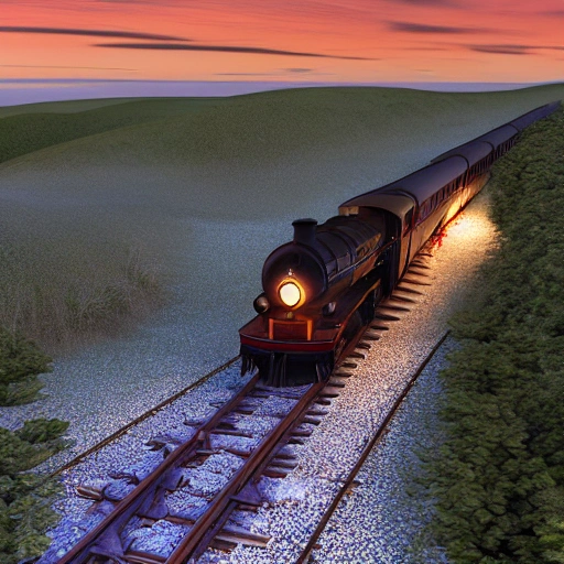 steam train driving through the see, the polar express, scenic landscape, stunning environment, dusk, ultra detailed, octane render, ultra detail, intricate detail, volumetric lighting, vivid colours, photorealistic, photography, lifelike, high resolution, digital art, ultra wide angle lens, aerial view, elevated view, 