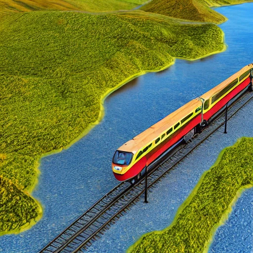 train driving in the see, ultra detailed, octane render, ultra detail, intricate detail, volumetric lighting, vivid colours, photorealistic, photography, lifelike, high resolution, digital art, ultra wide angle lens, aerial view, elevated view, 3D