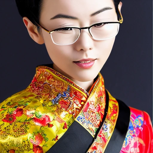 A stunning, Chinese woman with a head of sleek, short hair, adorned with a pair of eyeglasses that highlight her delicate facial features. She has a petite, slender frame and an elegant, graceful bearing, exuding a sense of poise and confidence. Despite her traditional, cultural attire, she presents a modern, cosmopolitan image, radiating beauty and charm.