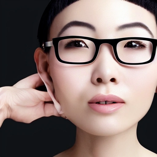 A stunning, Chinese woman with a head of glossy, short hair, captured in the act of removing her eyeglasses. Despite the temporary hindrance of her eyewear, her refined facial features are clearly visible, including her delicate, porcelain skin, her defined cheekbones, and her full, rosy lips. She has a slender, athletic build, and exudes a sense of confidence and poise, even as she performs a seemingly mundane task. As she removes her glasses, one can't help but wonder what captivating sights she has in store.