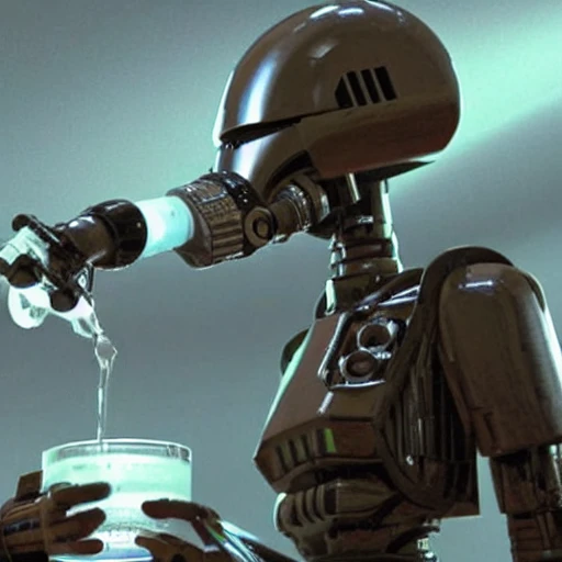 A star wars droid drinking a vile of HOLYC and becoming sentient