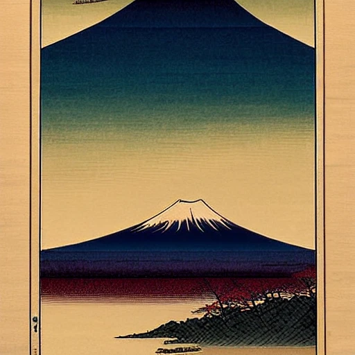 ukiyo-e painting of Mount Fuji at sunset