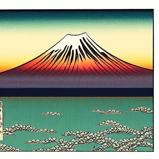 ukiyo-e painting of Mount Fuji at sunset