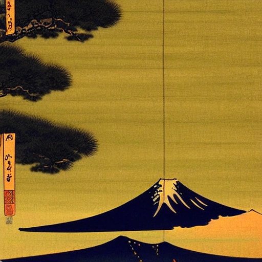 ukiyo-e painting of Mount Fuji at sunset