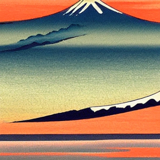 ukiyo-e painting of Mount Fuji at sunset taken from taco bay