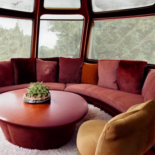 This cozy living room on a space ship features a large, oval-shaped window that offers a stunning view of the earth below. The furniture is warm and inviting, with a plush sofa and armchair upholstered in a rich, burgundy fabric. A wooden coffee table sits at the center of the room, and a few potted plants add a touch of greenery. A cozy fireplace, complete with a faux stone mantel and a flickering LED flame, adds a touch of warmth and comfort. A few framed photos of the earth and the stars hang on the walls, adding a personal touch