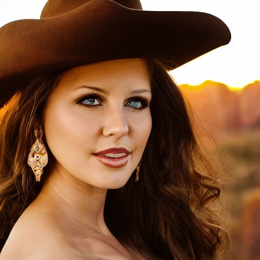 professional portrait photograph of gorgeous rancher girl, (((sultry flirty look))), nude, seductive, alluring, beautiful symmetrical face, cute natural makeup, (wearing brown cowboy hat), (wearing traditional clothing), confident pose, elegant, feminine, ((Utah landscape in background)), wild west, ultra realistic, character concept art, highly detailed, intricate, (sharp focus), 85mm, medium shot, mid shot, (centered image composition), ((professionally color graded)), ((bright soft diffused light)), volumetric fog, trending on instagram, trending on tumblr, hdr 4k, 8k