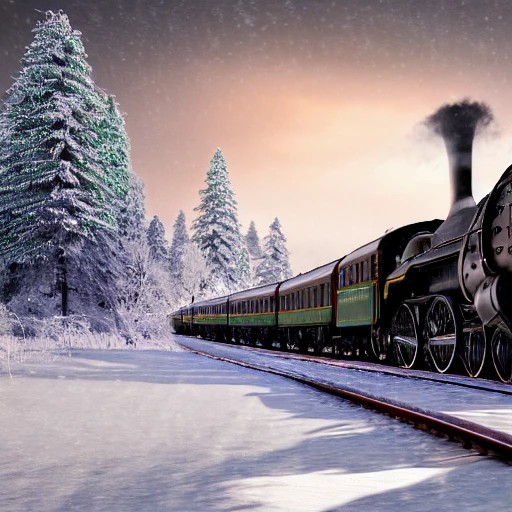 steam train driving through the snow, the polar express, scenic landscape, stunning environment, dusk, ultra detailed, octane render, ultra detail, intricate detail, volumetric lighting, vivid colours, photorealistic, photography, lifelike, high resolution, digital art, ultra wide angle lens, aerial view, elevated view, wallpaper --ar 3:2 --v 4