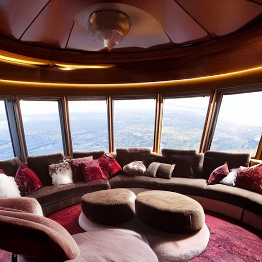 This cozy living room on a space ship features a large, oval-shaped window that offers a stunning view of the earth below. The furniture is warm and inviting, with a plush sofa and armchair upholstered in a rich, burgundy fabric. A wooden coffee table sits at the center of the room, and a few potted plants add a touch of greenery. A cozy fireplace, complete with a faux stone mantel and a flickering LED flame, adds a touch of warmth and comfort. A few framed photos of the earth and the stars hang on the walls, adding a personal touch