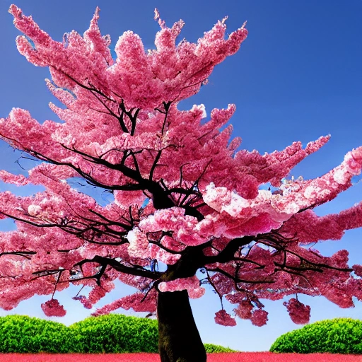 centered blossom tree with sakura flowers crossed with a bonsai, high quality, strong colors, 4k background dark, standing on a rustically stand