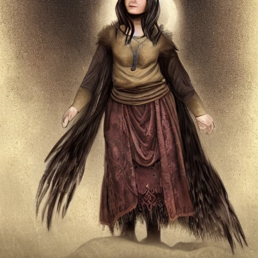 louhi from kalevala, full body portrait, detailed face, scandinavian female witch, medieval dark mage, long dark hair, , light brown skin, in her 60s, wise tribe leader,  fantasy winter clothing, wearing magic amulets, wearing long earrings, casting a spell, overflowing energy, highly detailed, simple background, digital painting, trending on artstation, pixiv, fantasy videogame concept art, sharp focus