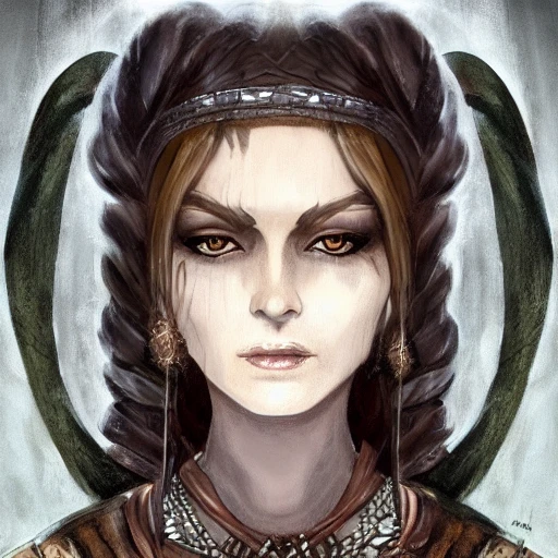 Louhi from Kalevala, fantasy dark magic witch, druid, wearing animal leather, wearing jewelry, wearing magical amulets, long dark hair, 65 years old woman, nordic tribe leader, light brown skin, highly detailed, warm medieval fantasy clothing, digital painting, trending on artstation, simple background, character art, sharp focus,  thick outlines, full body portrait, in style of Hades the videogame.