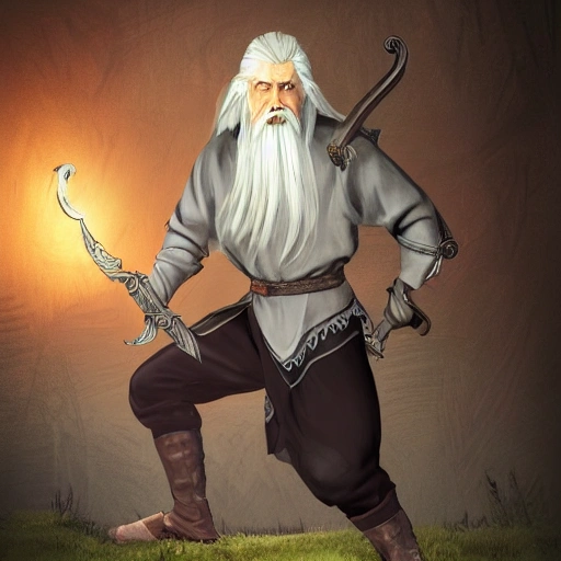 Väinämöinen from Kalevala, holding a sword, fighting stance, 60 year old man, scandinavian, long grey hair, grey beard, knows magic, skinny body, fantasy character, medieval light clothing, simple background, sharp focus, artstation trending, pixiv, full body illustration in style of Hades the videogame.